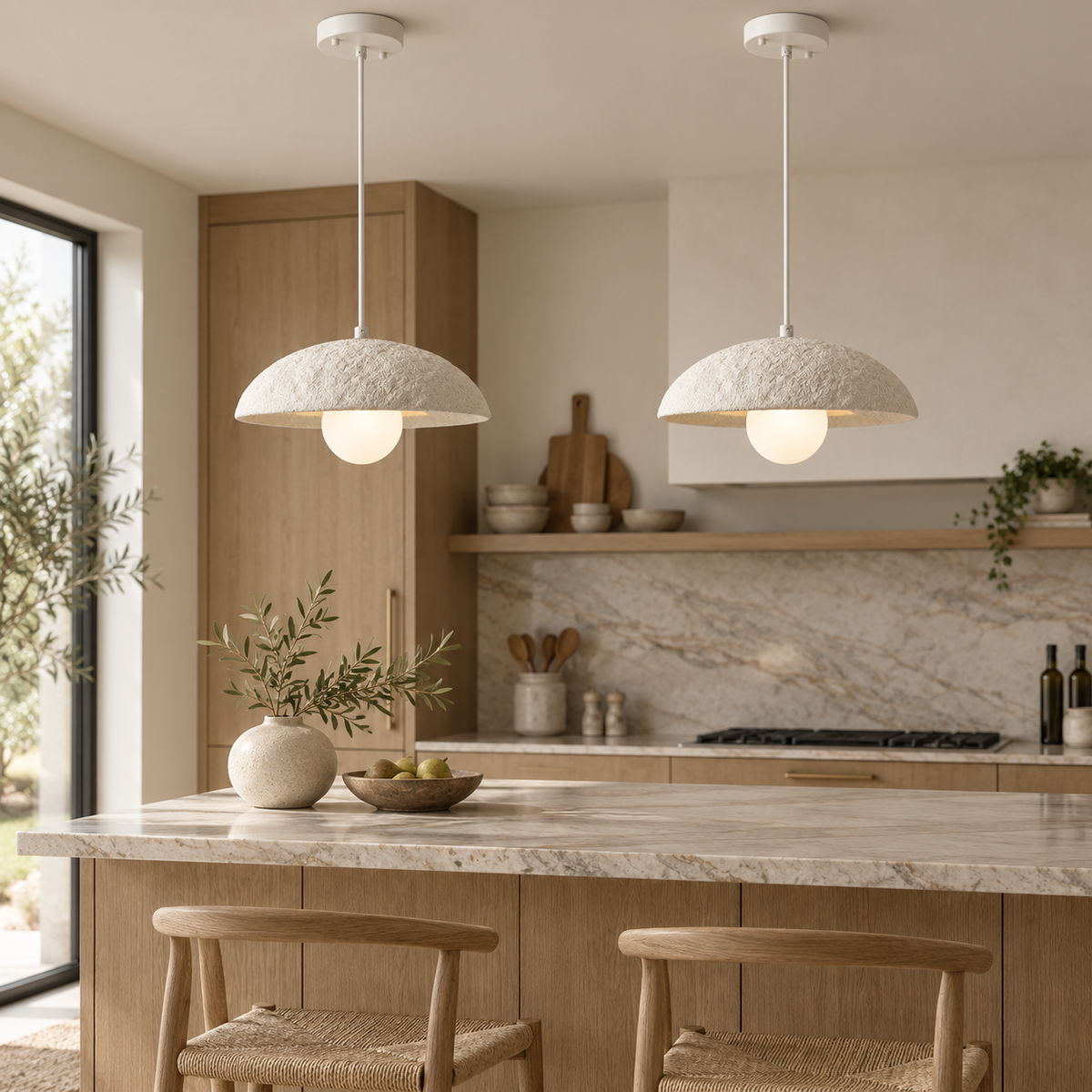 Ivory white dome pendant light set with fabric shade and round white canopy