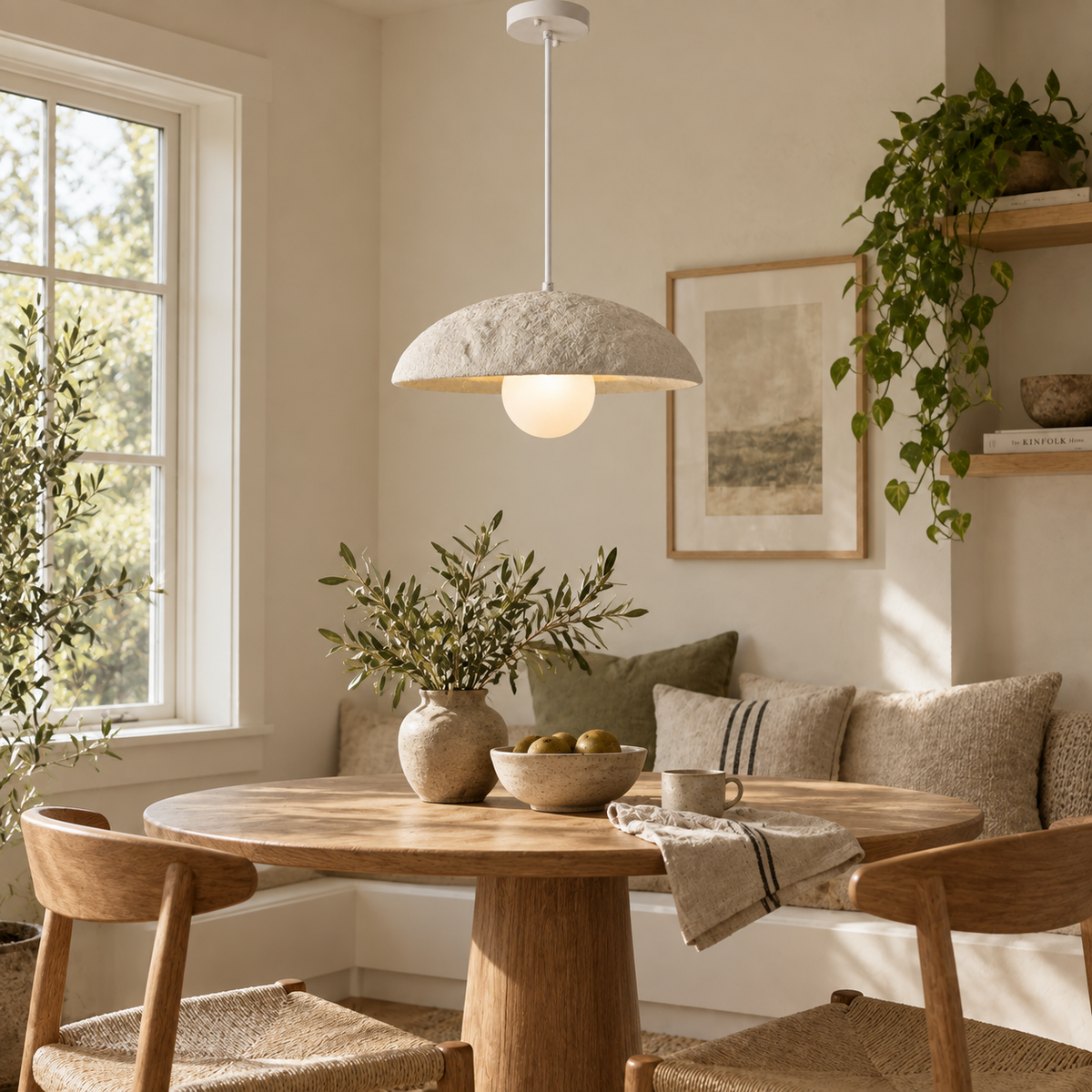 Stone gray dome pendant light with textured fabric shade and round ceiling canopy