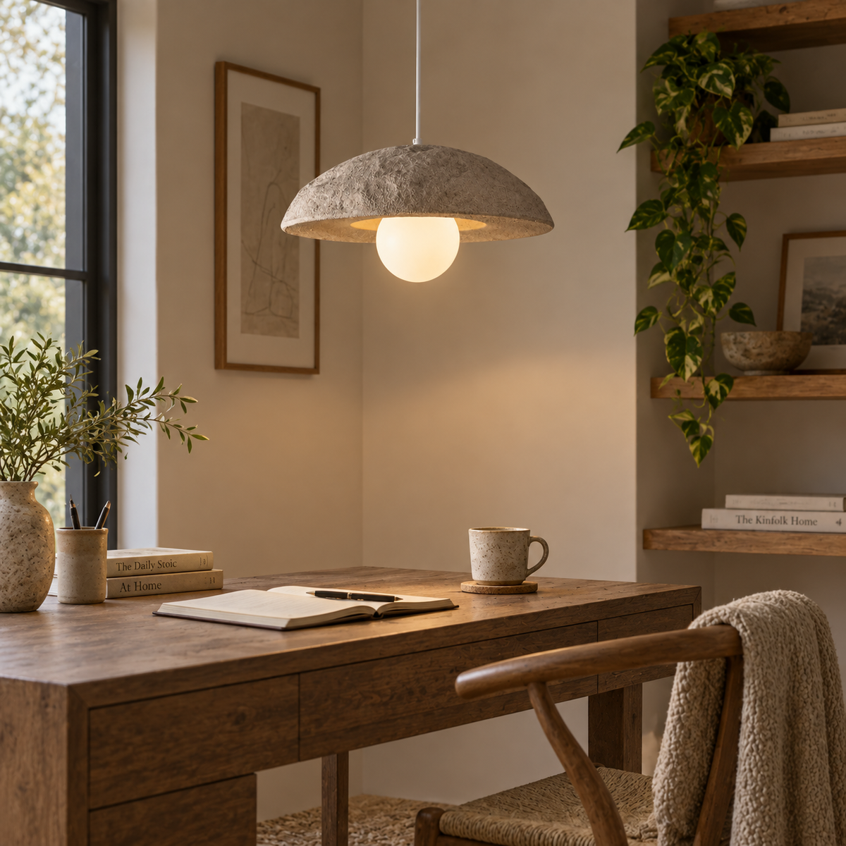 Stone gray dome pendant light with textured fabric shade and glowing bulb