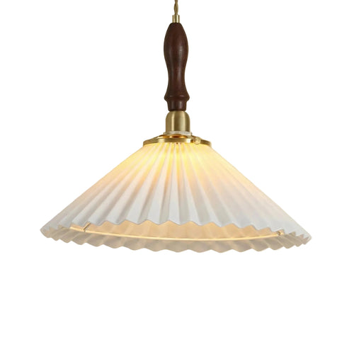 Arden Pleated Dome Pendant Dia 11.8" × H 9.8" (Dia 30 × H 25 cm) Brass + White + Wood Glowryte