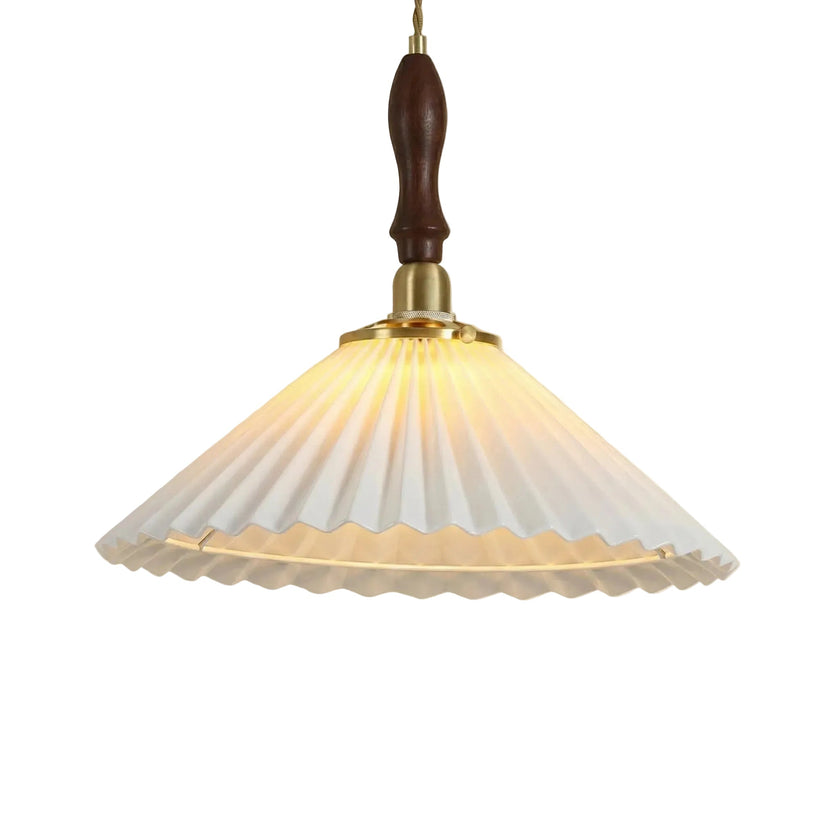 Arden pleated dome pendant light with white fluted shade, brass collar, and wood stem
