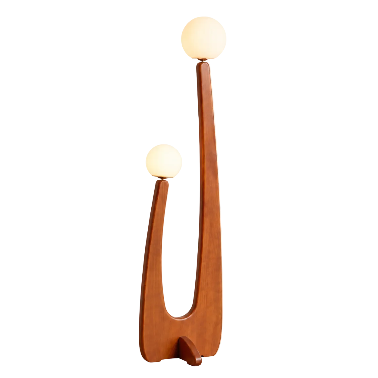 Cactus floor lamp with two round globe shades on curved wooden base