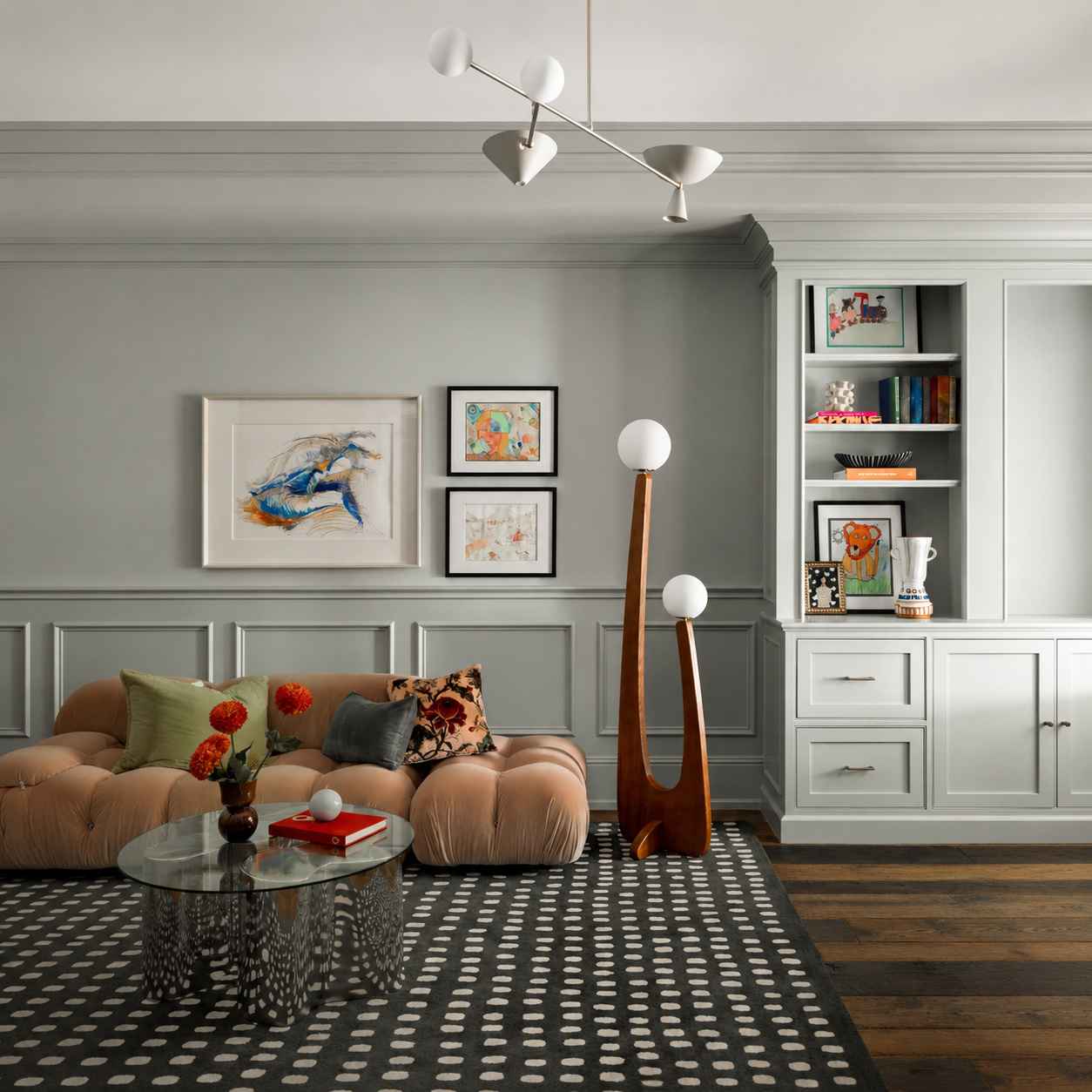 Cactus floor lamp with slim wooden legs and three round globe shades