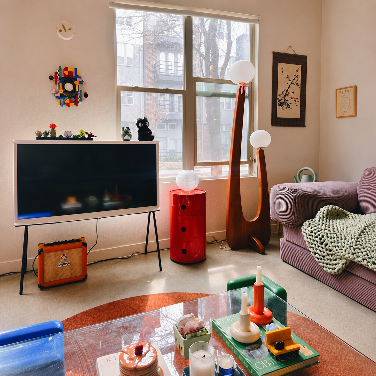 Cactus floor lamp with three round globe shades on curved wooden frame