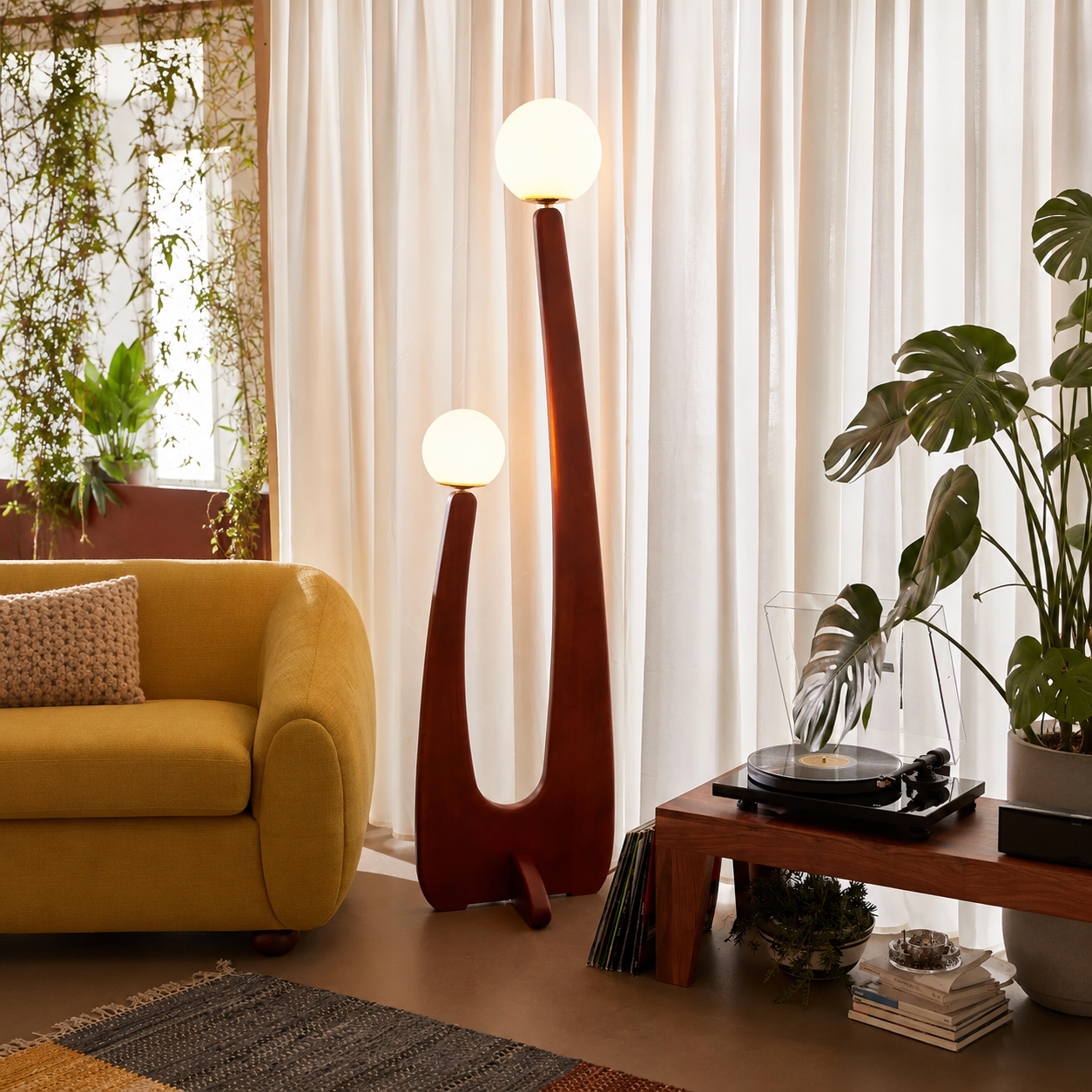 Cactus-style floor lamp with tall wooden frame and three round globe bulbs