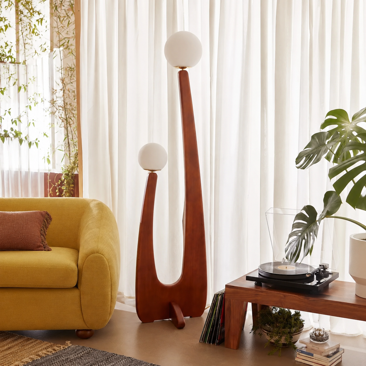 Cactus floor lamp standing unit with curved wood body and three round white shades