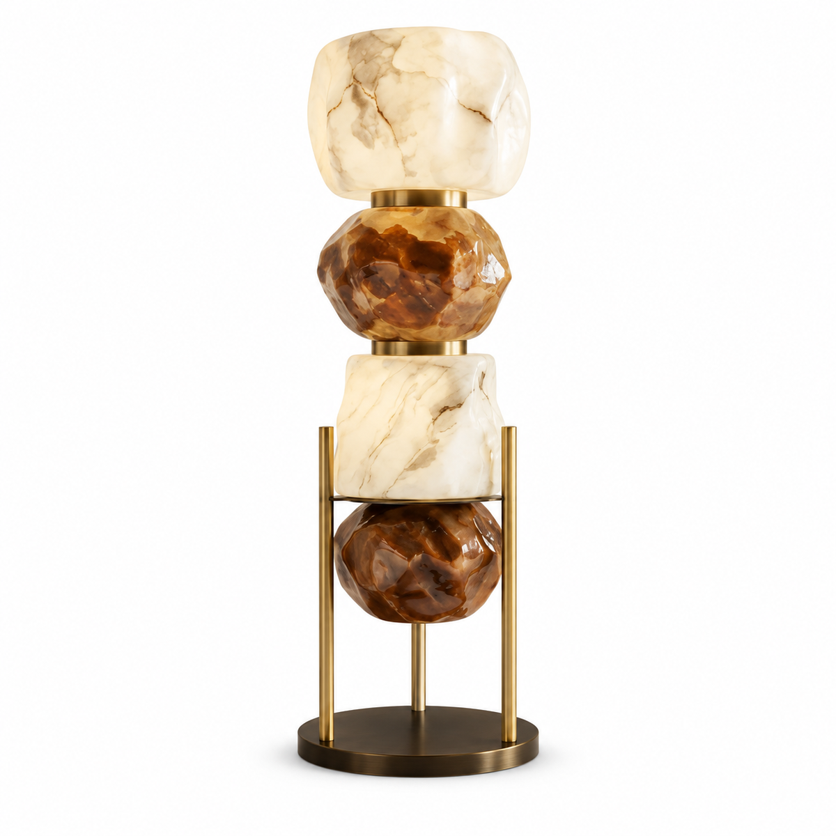 Stacked resin totem floor lamp with amber and marble-look shades and gold base