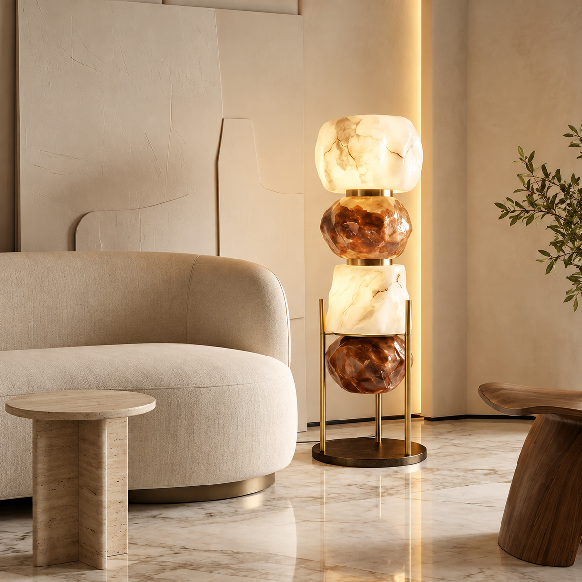 Stacked resin totem floor lamp with amber and white resin shades glowing beside sofa
