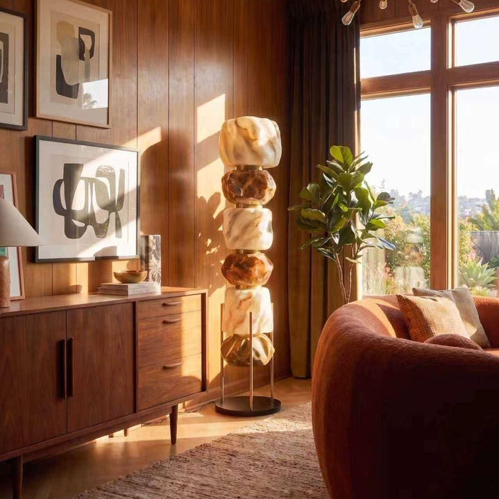 Stacked resin totem floor lamp with warm glowing amber and white resin blocks and frame