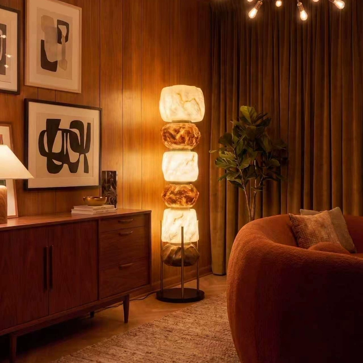 Cairn stacked resin totem floor lamp with warm glowing resin blocks and metal frame