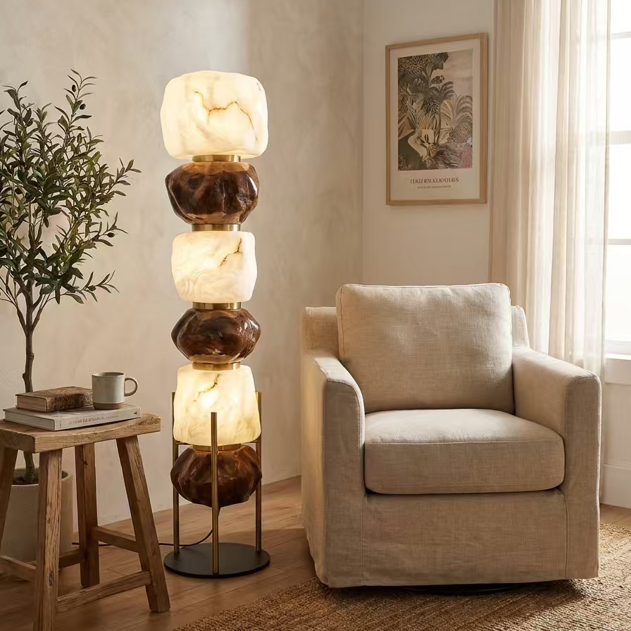 Stacked resin totem floor lamp with amber and white resin columns on metal stand