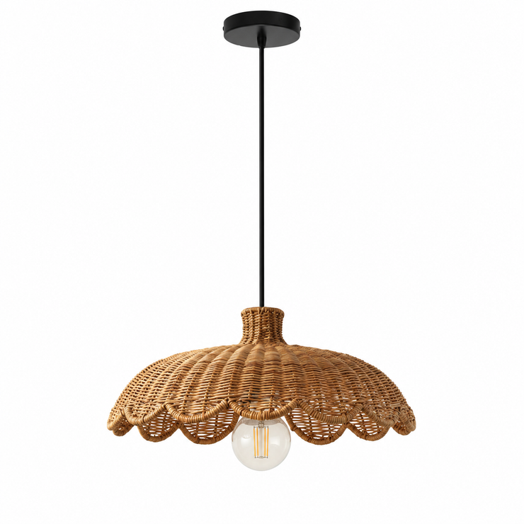 Caleta woven rattan pendant light with scalloped shade and exposed bulb