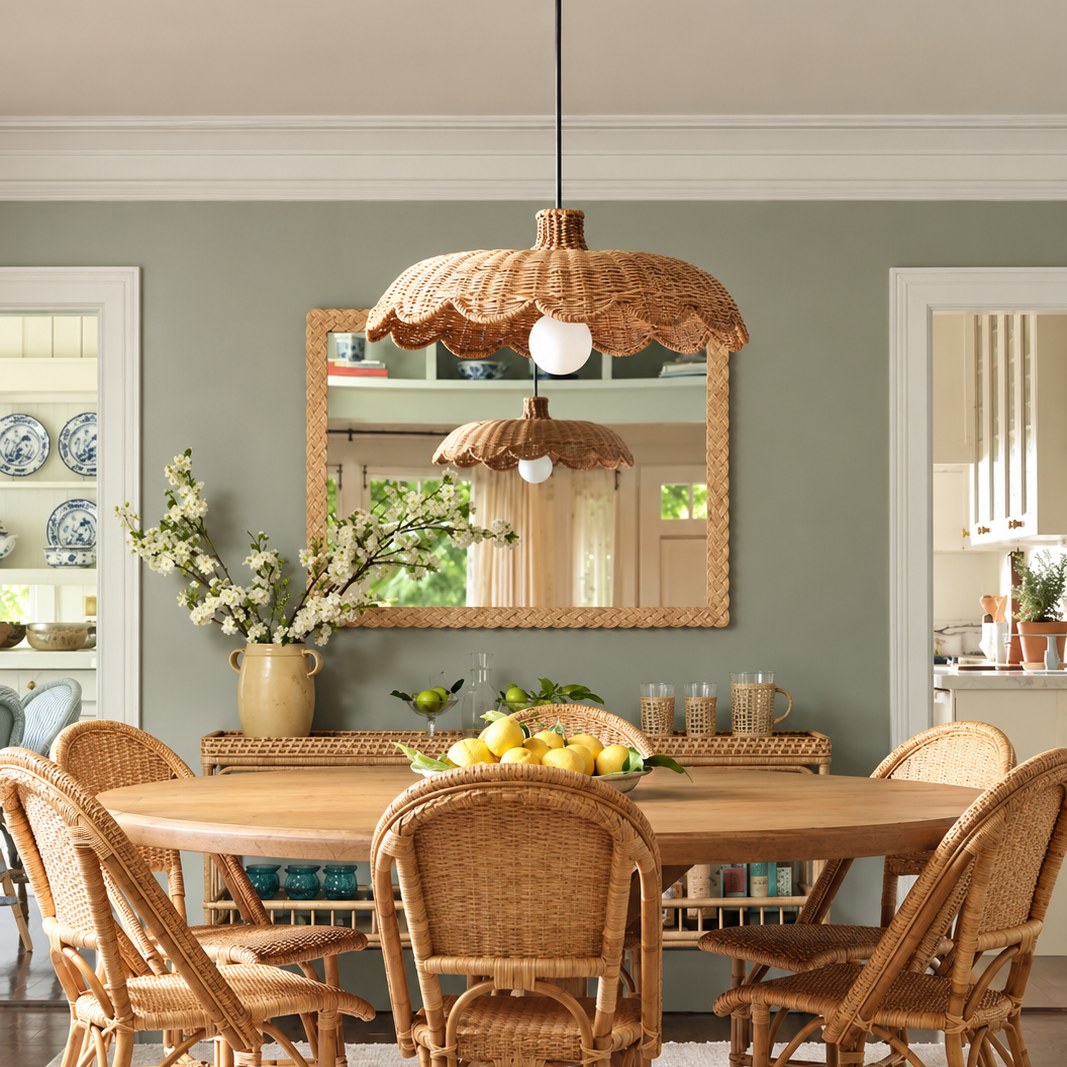 Caleta woven rattan pendant light set with two hanging scalloped shades