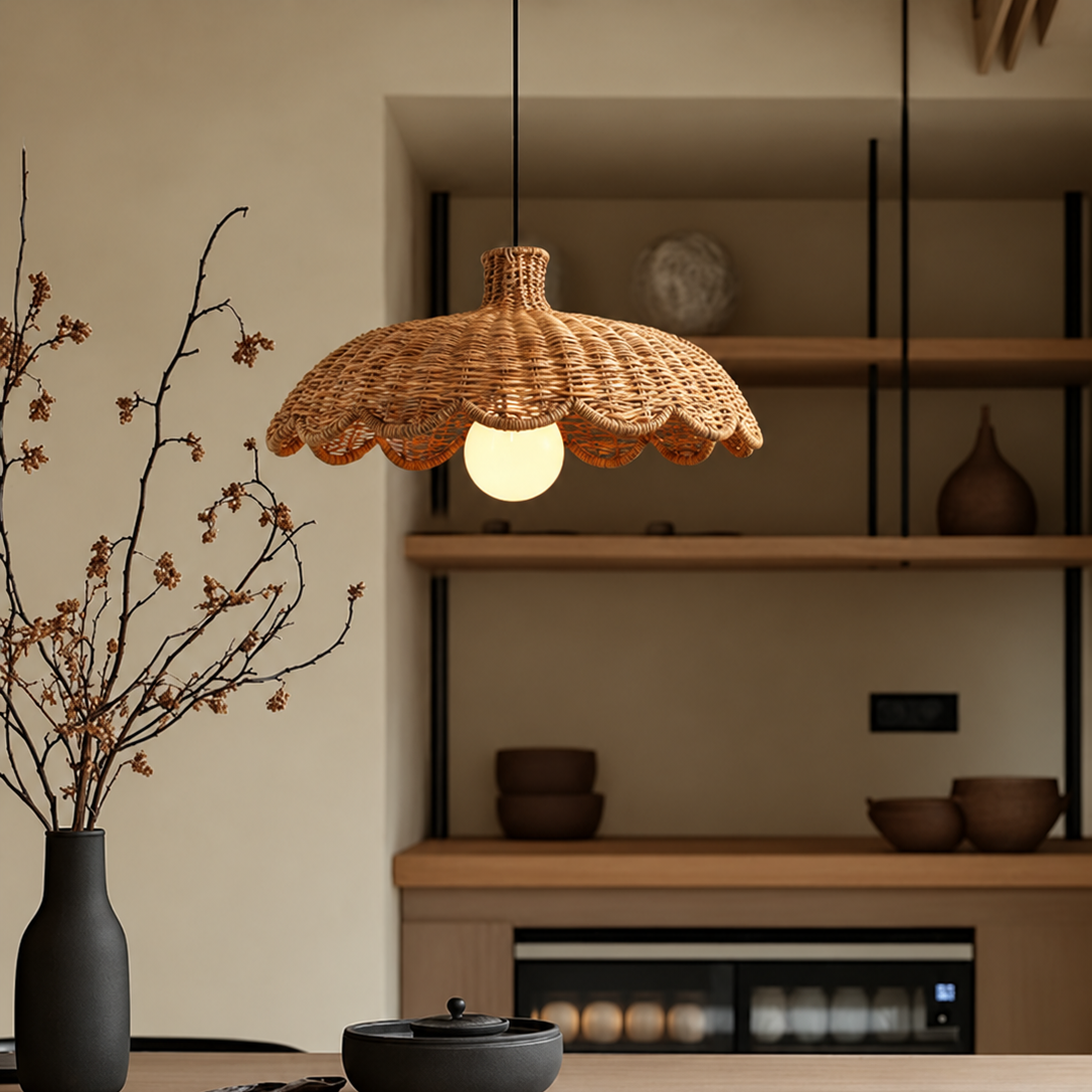 Caleta woven rattan pendant light with layered scalloped shade and visible bulb