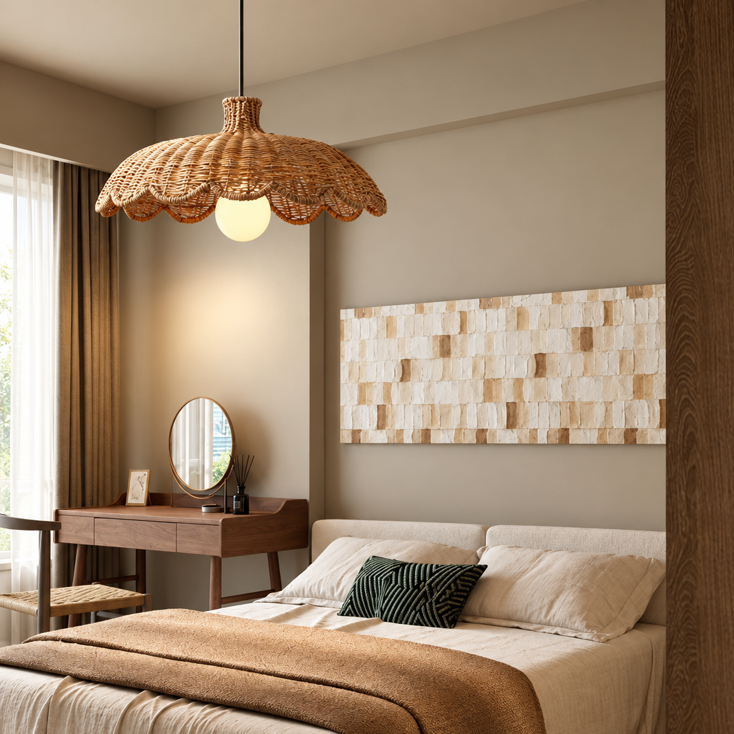 Caleta woven rattan pendant light with scalloped shade and warm exposed bulb