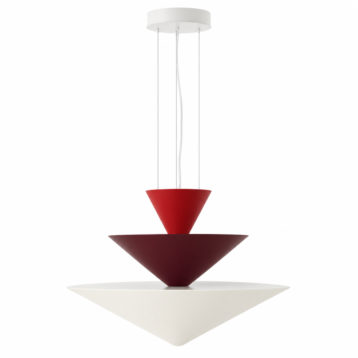 Red tiered cone pendant light with three stacked shades and two hanging cords