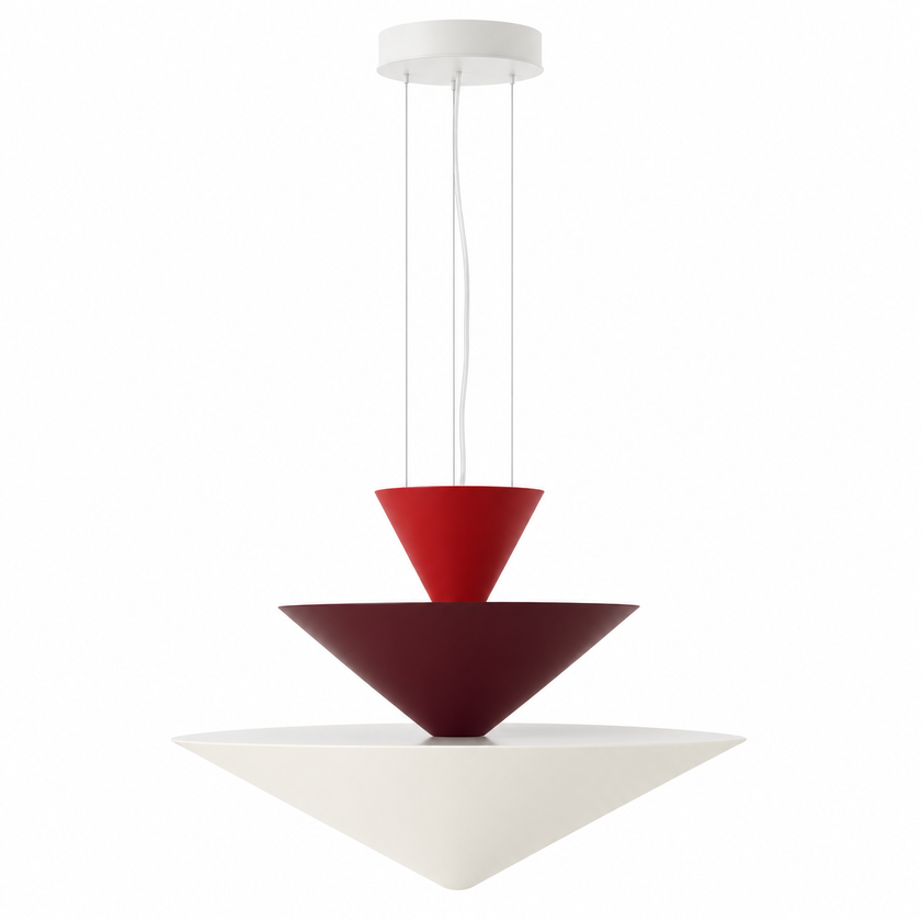 Red tiered cone pendant light with three stacked shades and two hanging cords