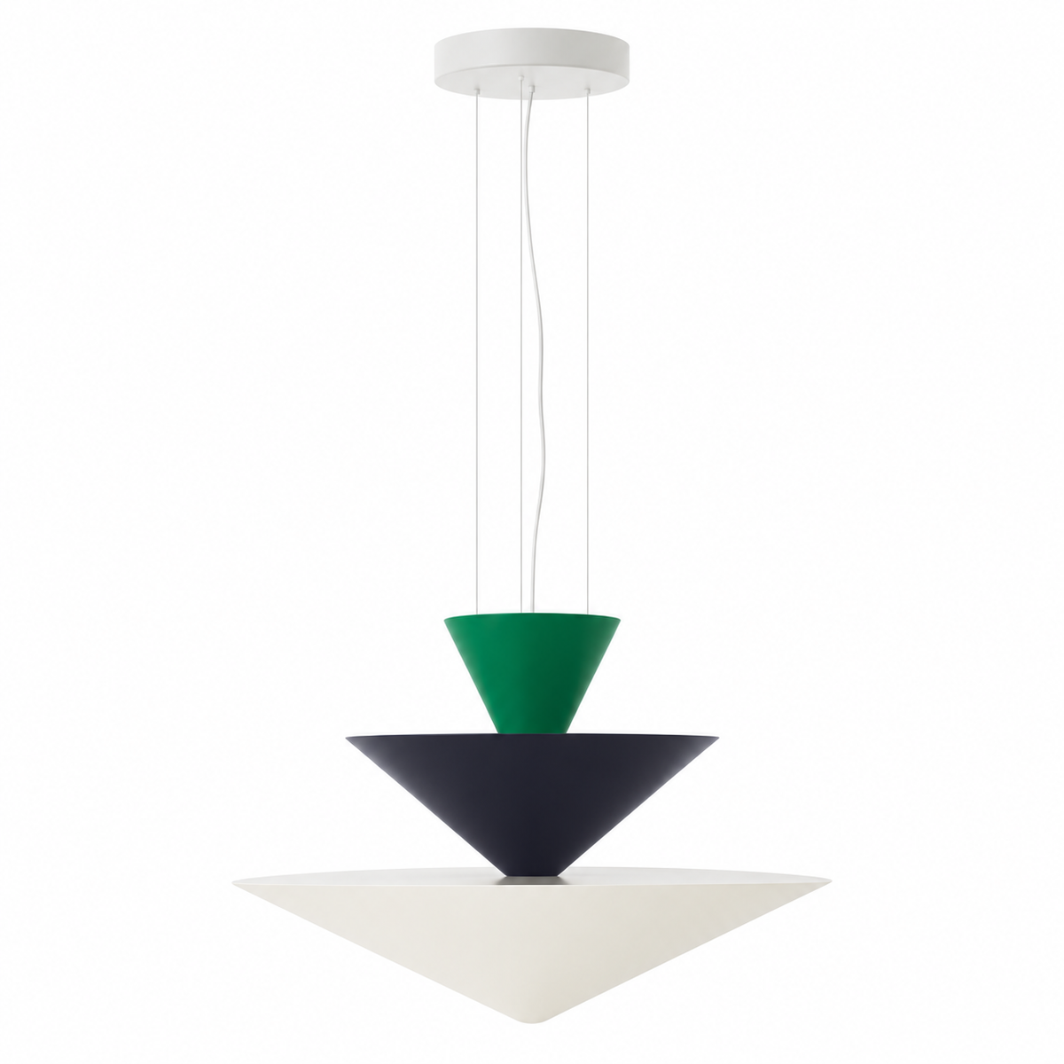 Tiered geometric cone pendant light with green top cone and dark lower shade