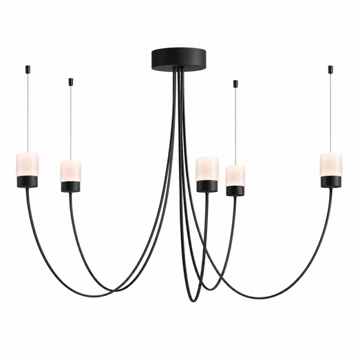 Catenary drape chandelier with black canopy, curved cords, several fabric cylinder shades
