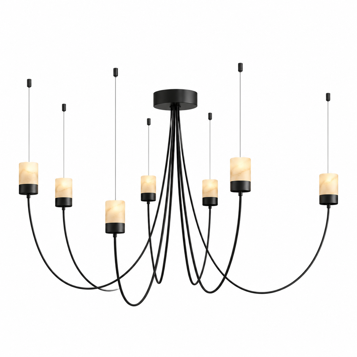 Black catenary chandelier with curved arms and multiple cylindrical fabric shades