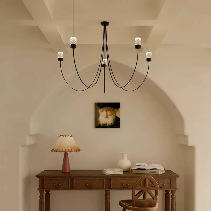 Catenary drape chandelier with black round canopy and five-plus hanging fabric cylinder shades