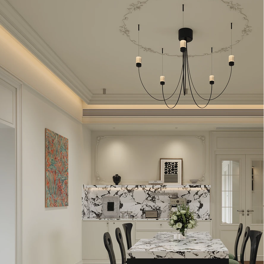 Catenary drape chandelier with black canopy, curved arms, and cylindrical fabric shades