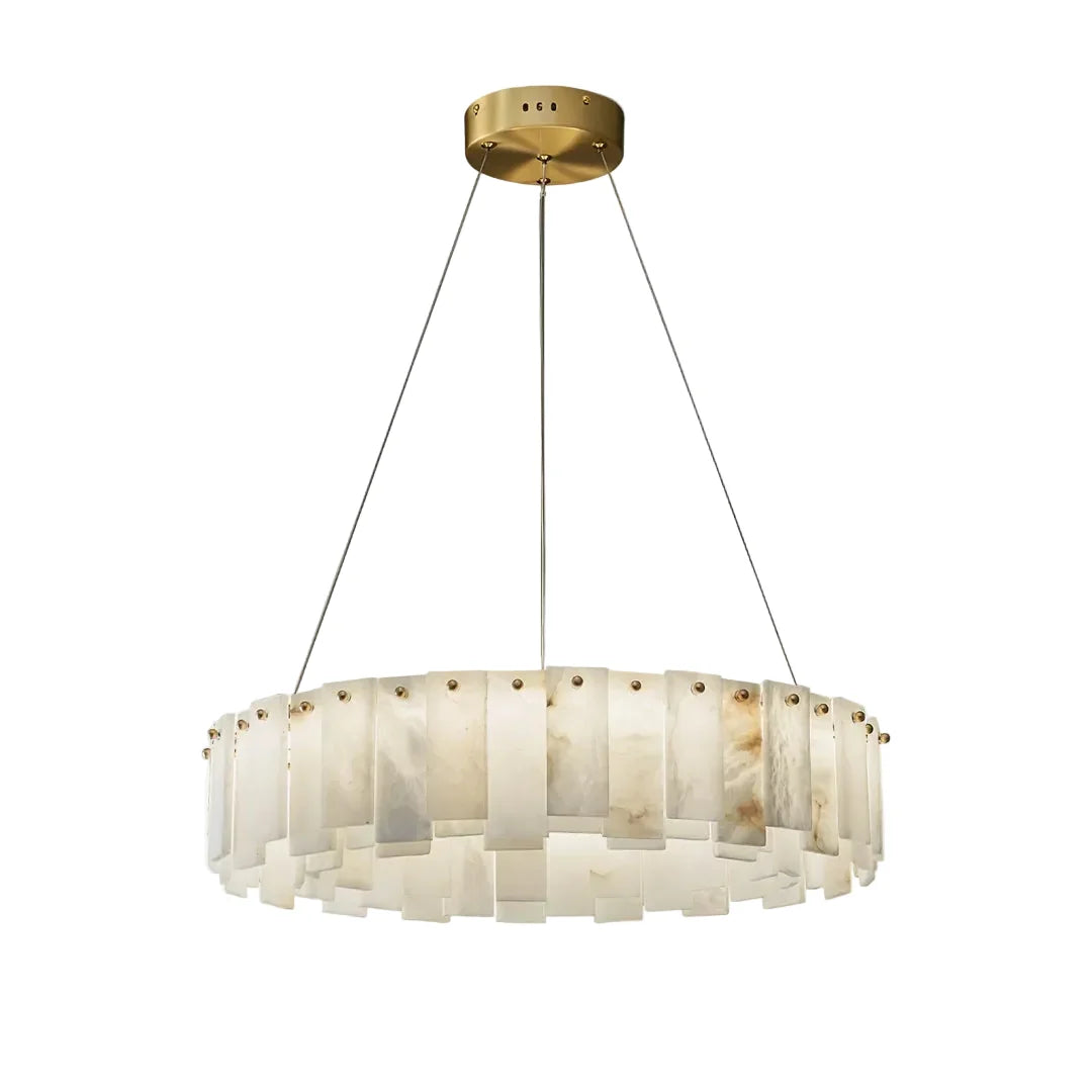 Round disc chandelier with frosted alabaster glass panel shades and gold canopy