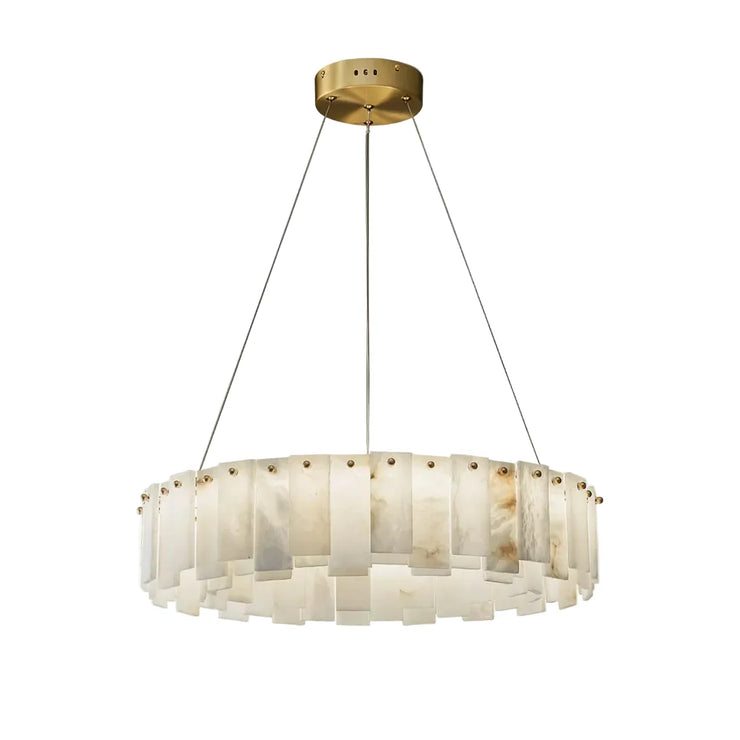 Round disc chandelier with frosted alabaster glass panel shades and gold canopy