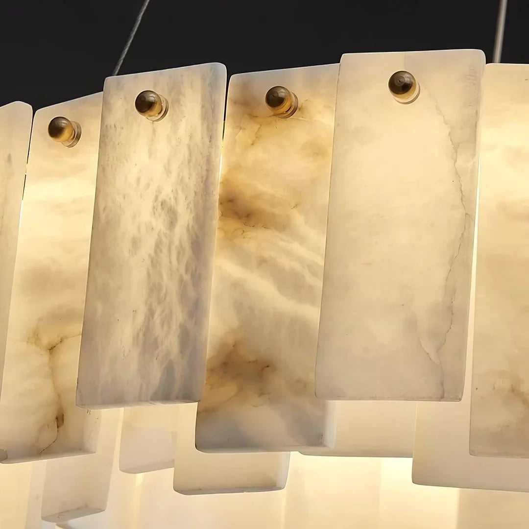 Oslo alabaster disc chandelier with rectangular alabaster shades and brass mounting caps