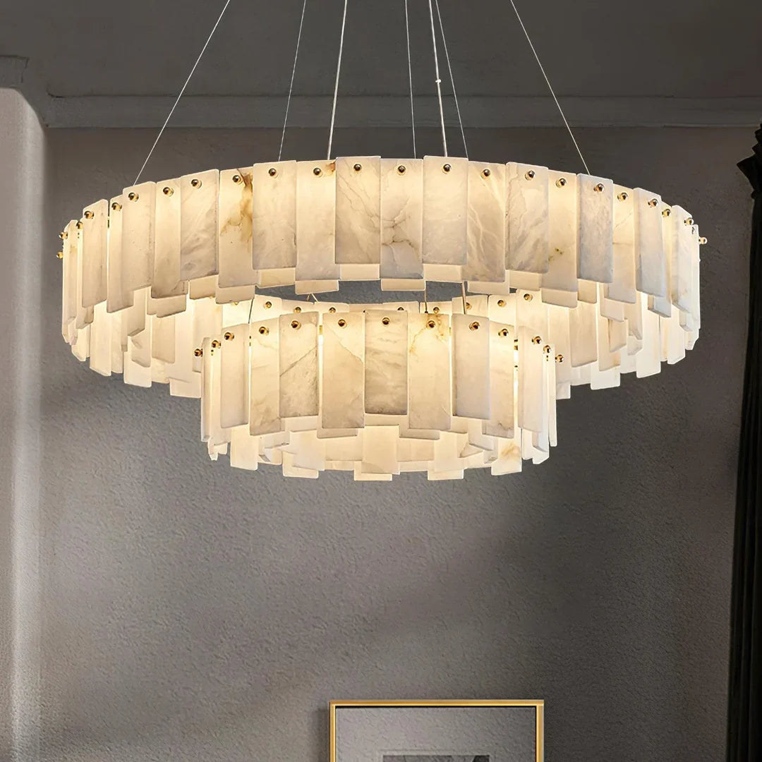 Oslo alabaster disc chandelier featuring layered alabaster shade panels on hanging cords
