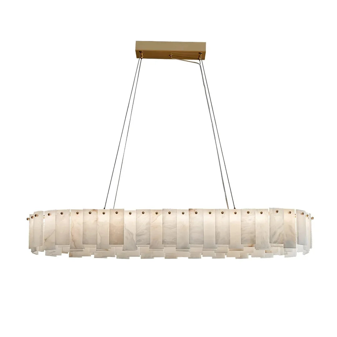 Frosted glass panel disc chandelier with brass canopy and metal suspension cables