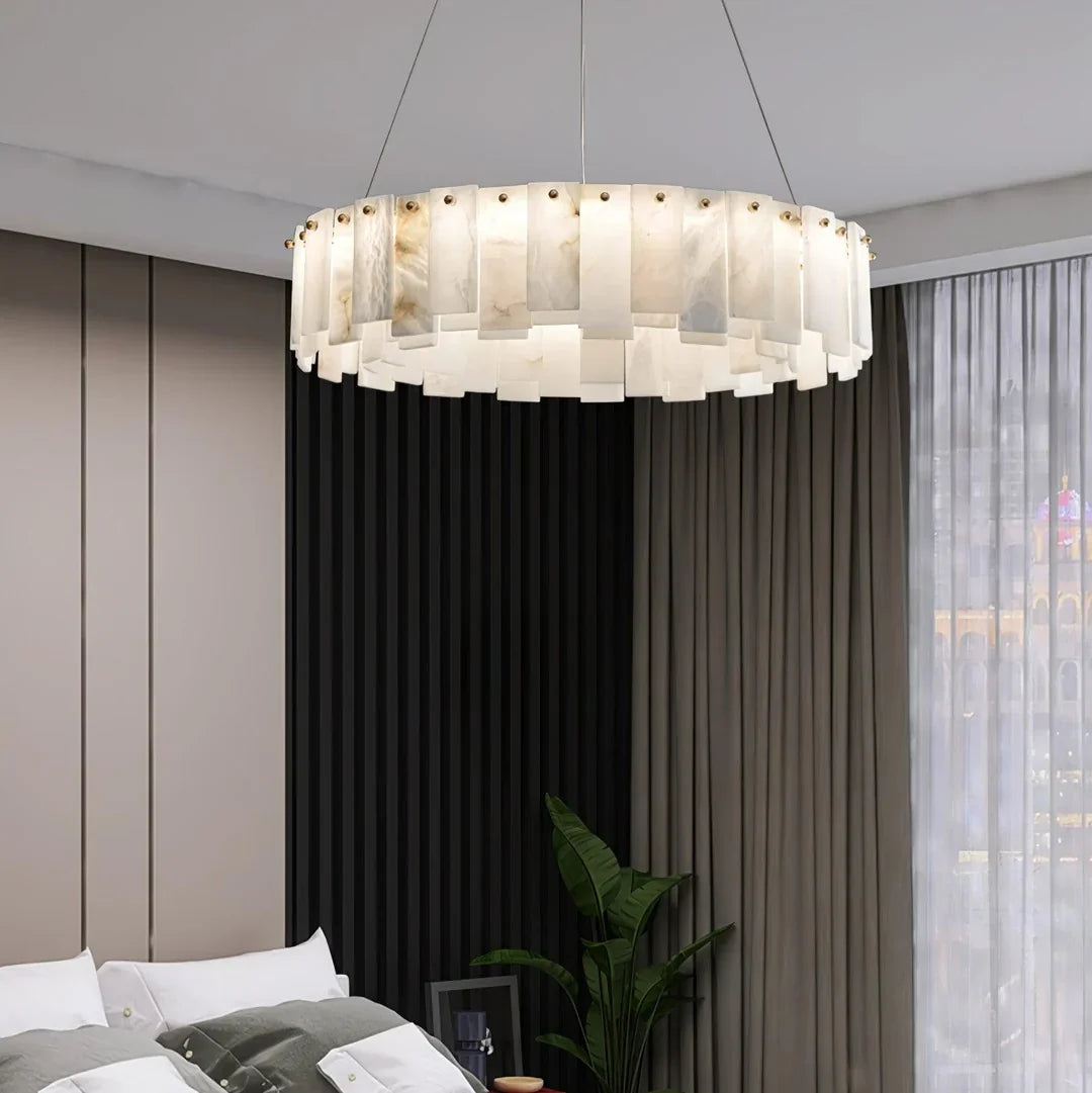 Oslo alabaster disc chandelier with a circular row of alabaster panels and brass hardware