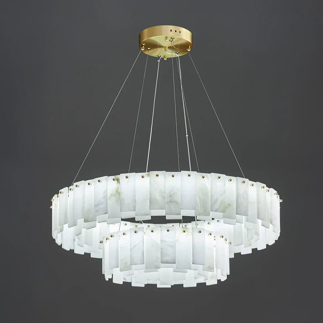 Oslo alabaster disc chandelier with brass canopy and symmetrical circular alabaster shades