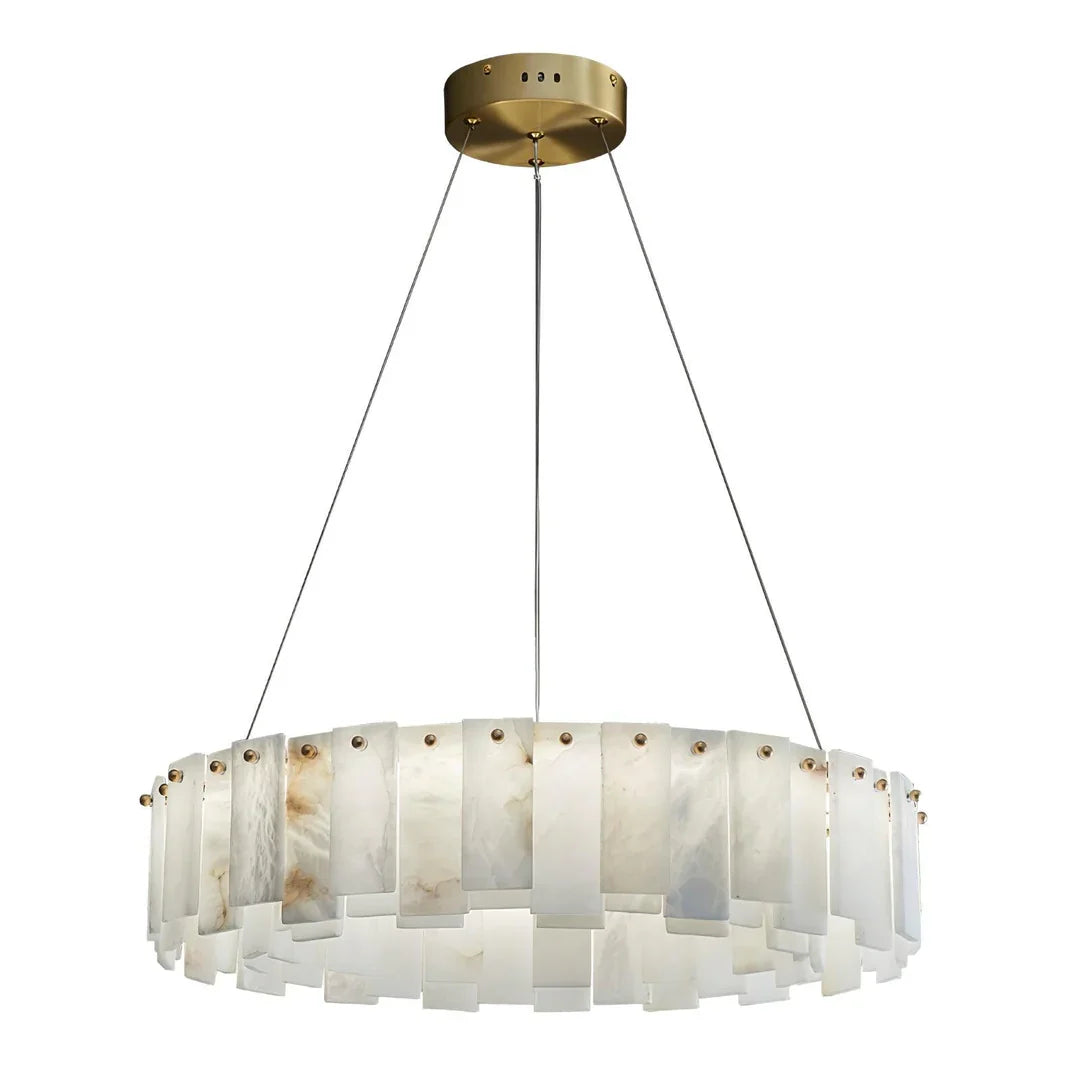 Frosted glass panel disc chandelier with brass ceiling mount and suspension cables