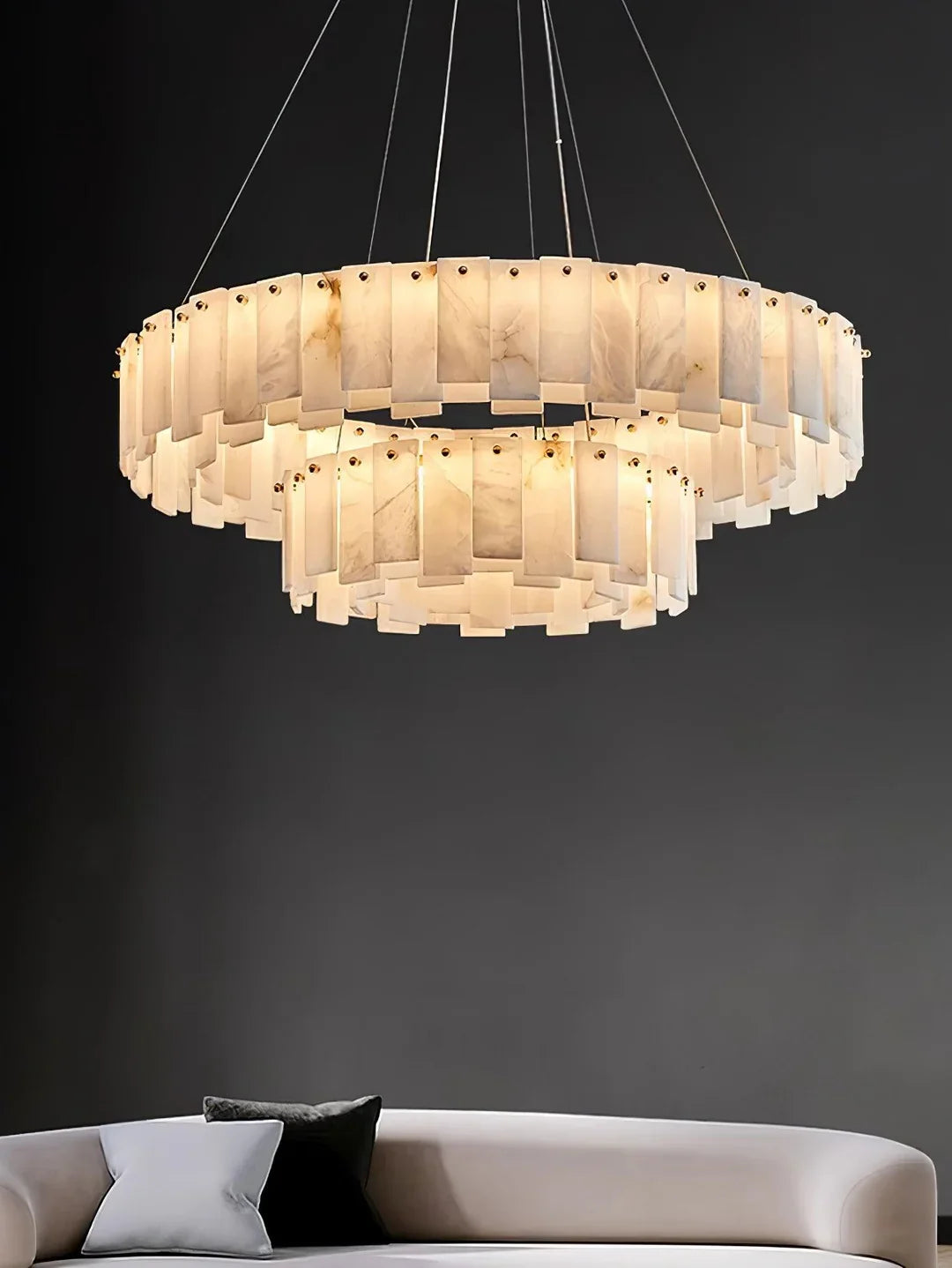 Oslo alabaster disc chandelier with tiered rectangular alabaster shade panels