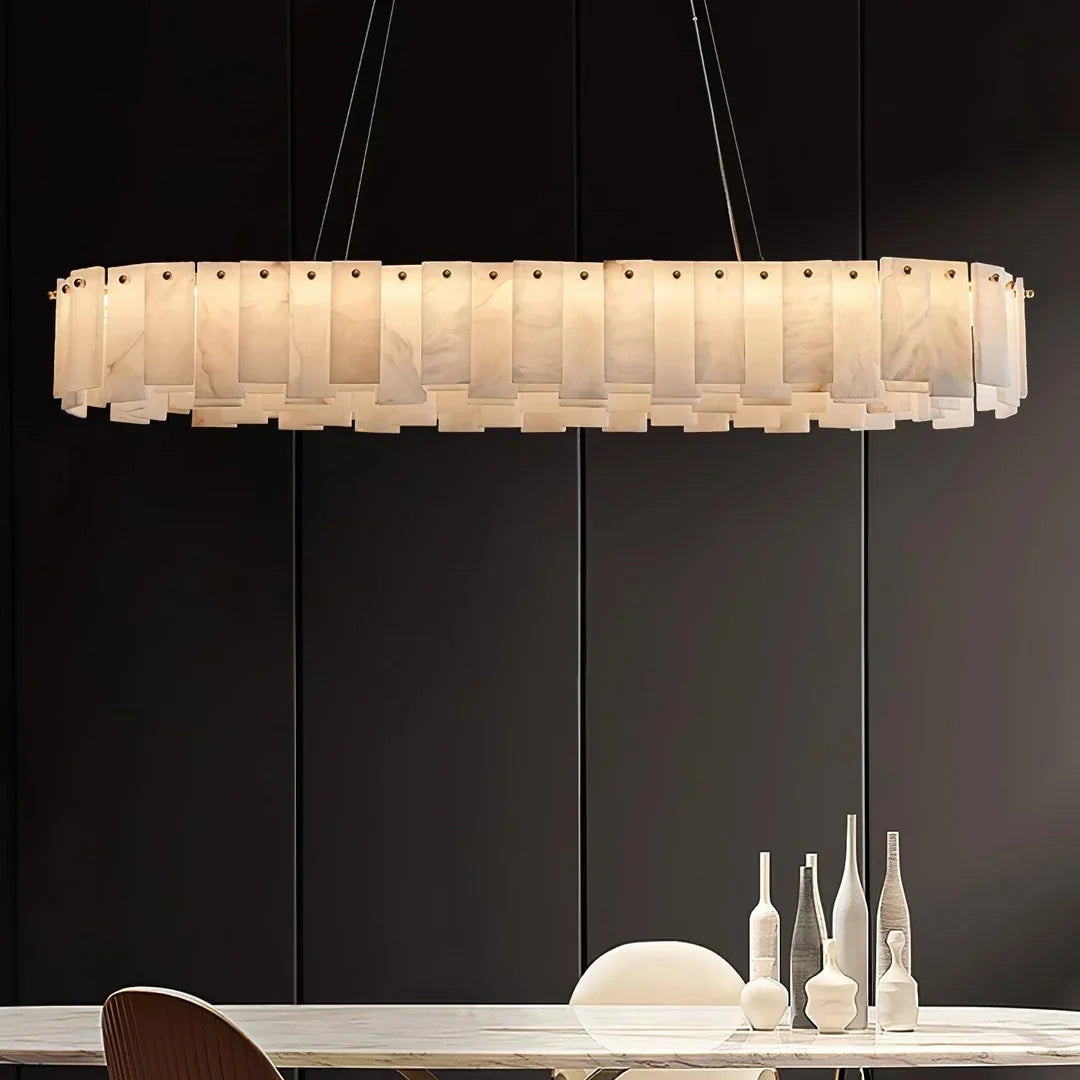 Oslo alabaster disc chandelier featuring a long oval frame with hanging alabaster panels