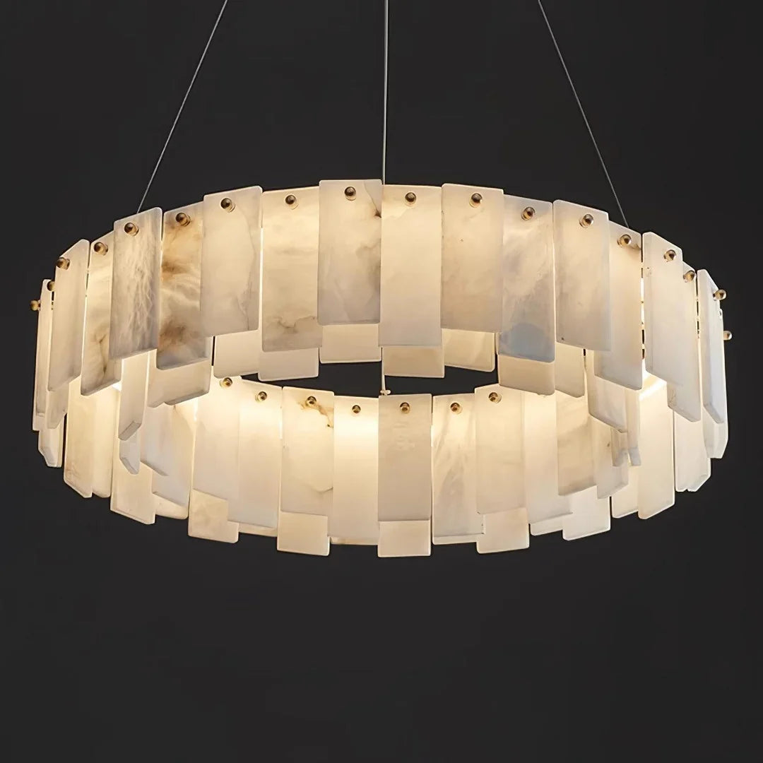 Oslo alabaster disc chandelier with rounded drum silhouette and rectangular alabaster shades