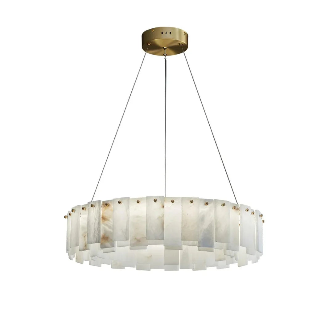 Frosted glass disc chandelier with brass canopy and hanging suspension cables