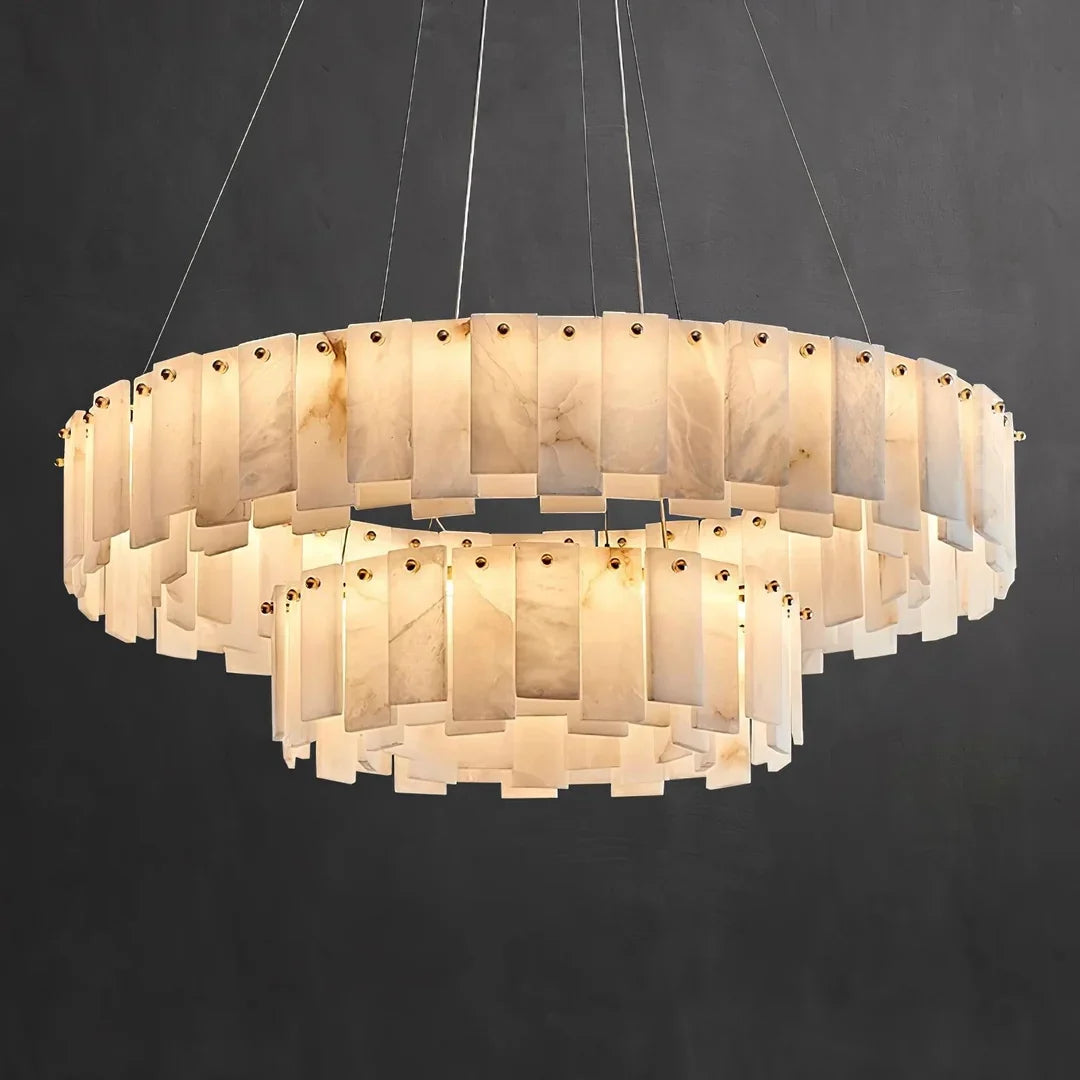 Large round disc chandelier with frosted alabaster glass panel shades and gold top