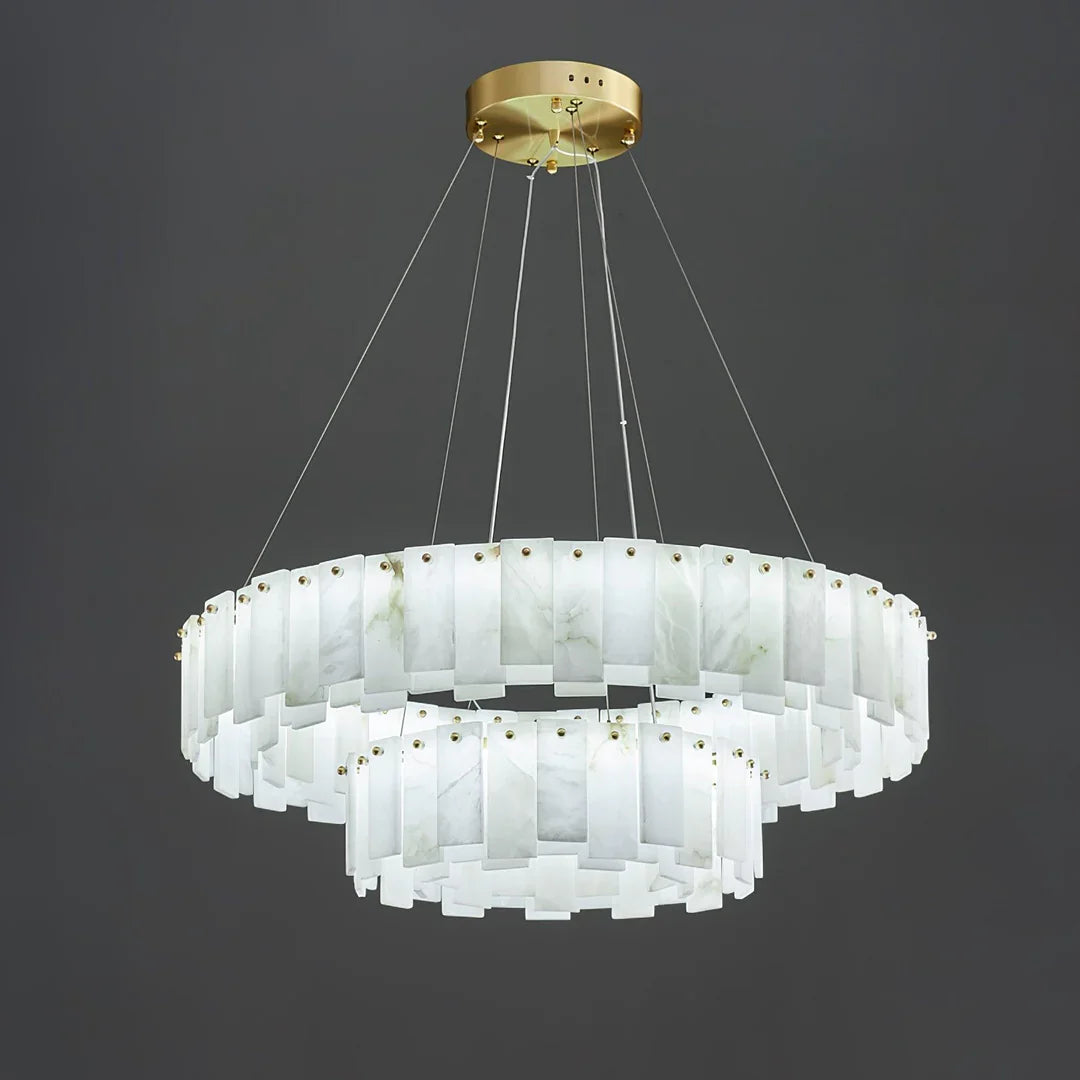 Oslo alabaster disc chandelier with gold ceiling canopy and hanging alabaster panel shades