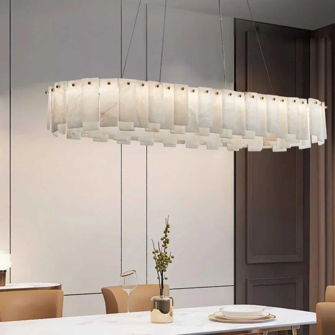 Oslo alabaster disc chandelier with oval rim and translucent alabaster shade blocks