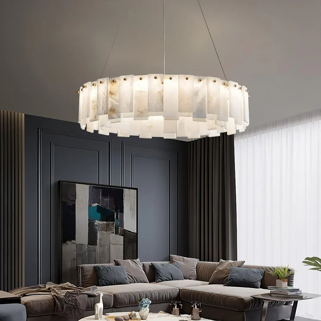 Ceiling-hung disc chandelier with frosted alabaster glass panel shades and gold hardware