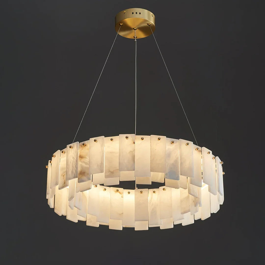Hanging disc chandelier with frosted alabaster glass panels and brushed gold top