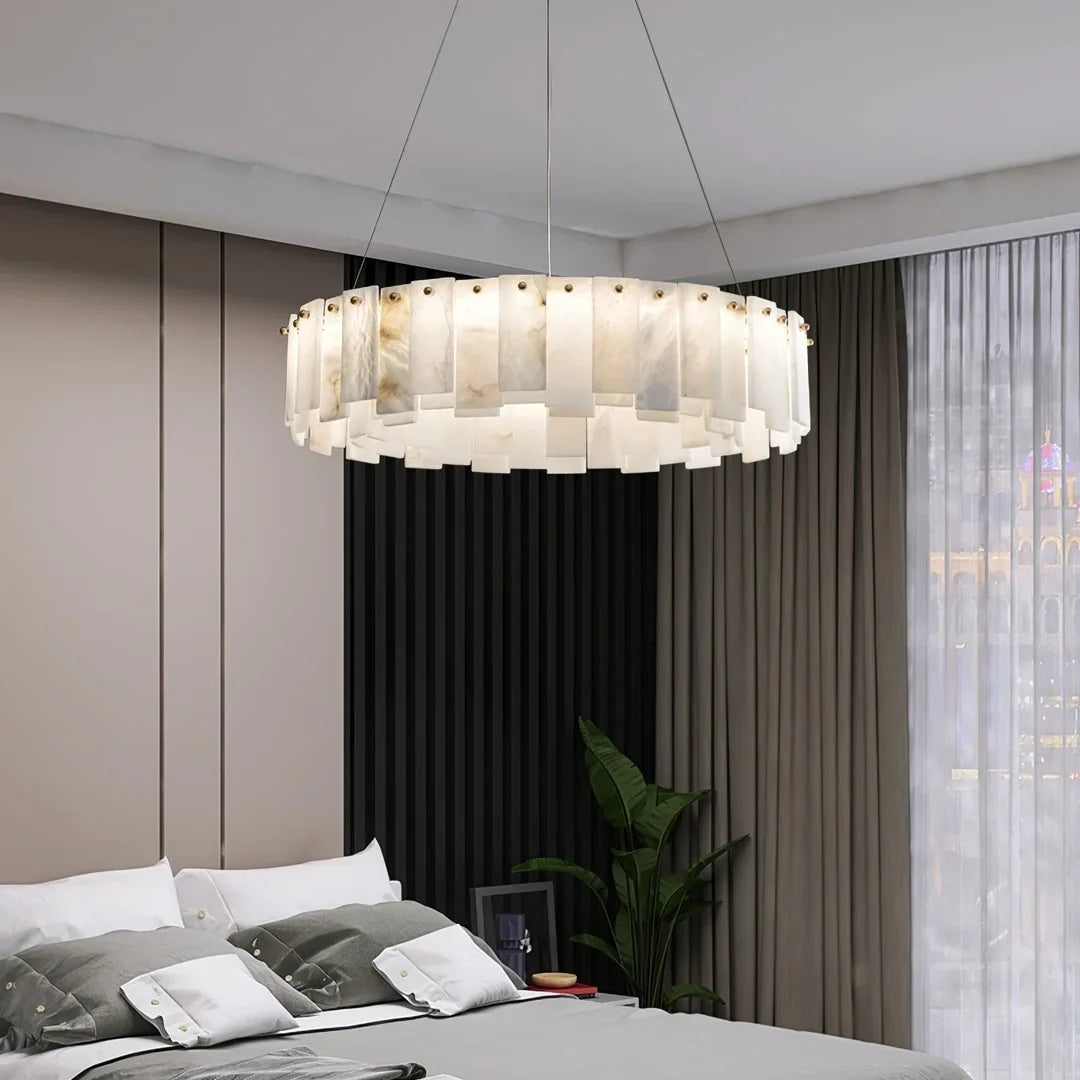 Oslo alabaster disc chandelier with evenly spaced hanging alabaster panels in a drum shape