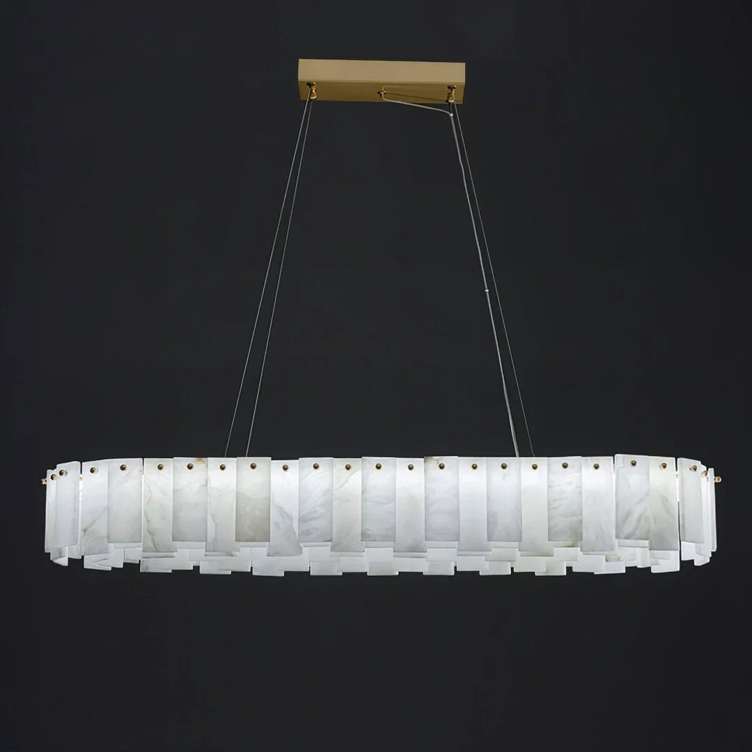 Oslo alabaster disc chandelier with rectangular hanging shades and a gold top frame