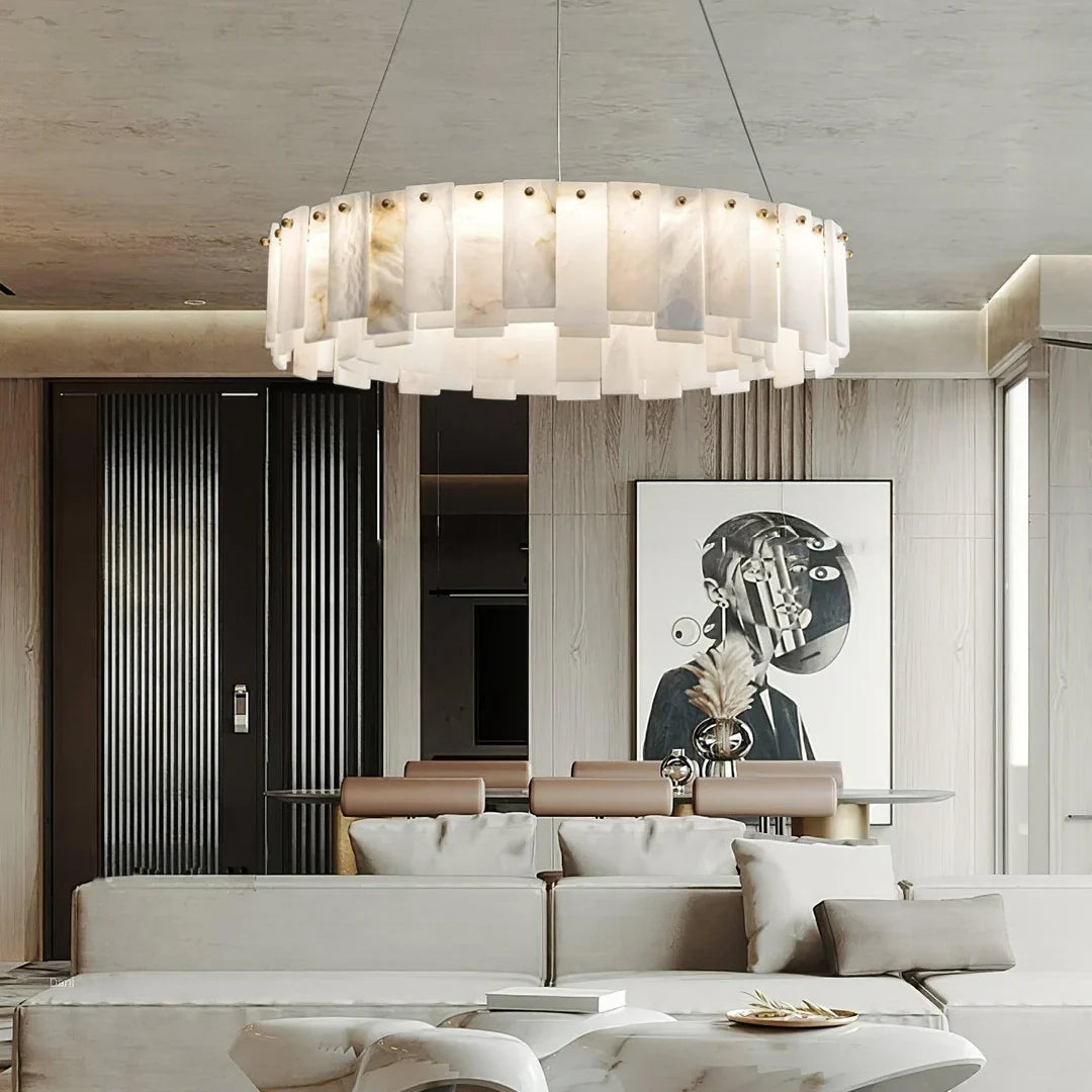 Frosted alabaster glass panel disc chandelier with gold canopy and hanging suspension lines