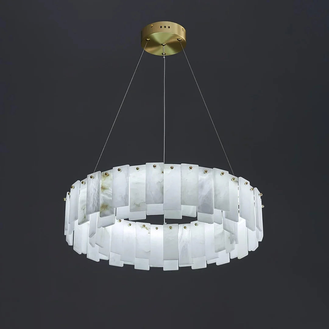 Oslo alabaster disc chandelier with round gold canopy and curved ring of alabaster panels