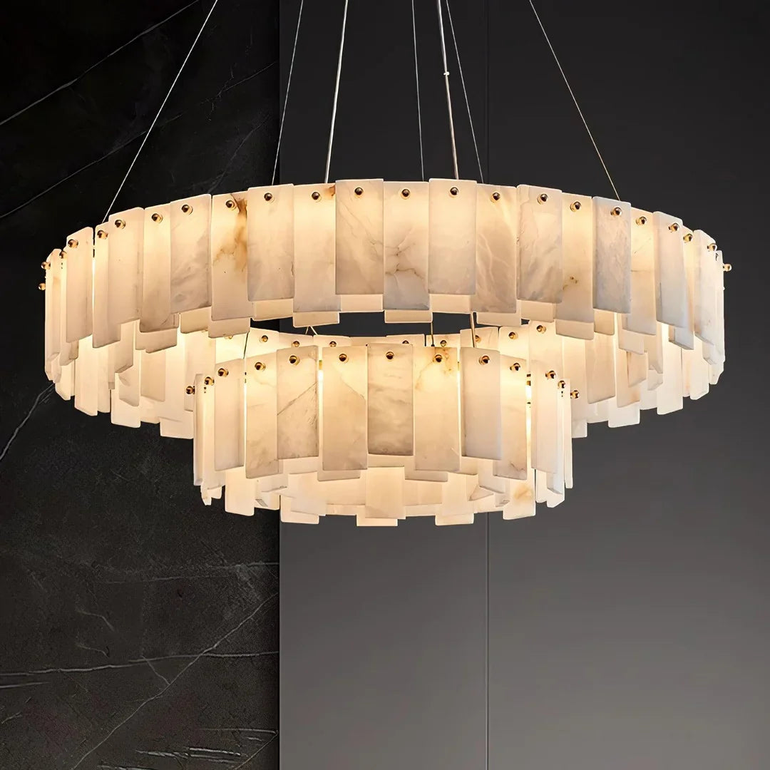 Double-row disc chandelier with frosted alabaster glass panels and gold mounting ring