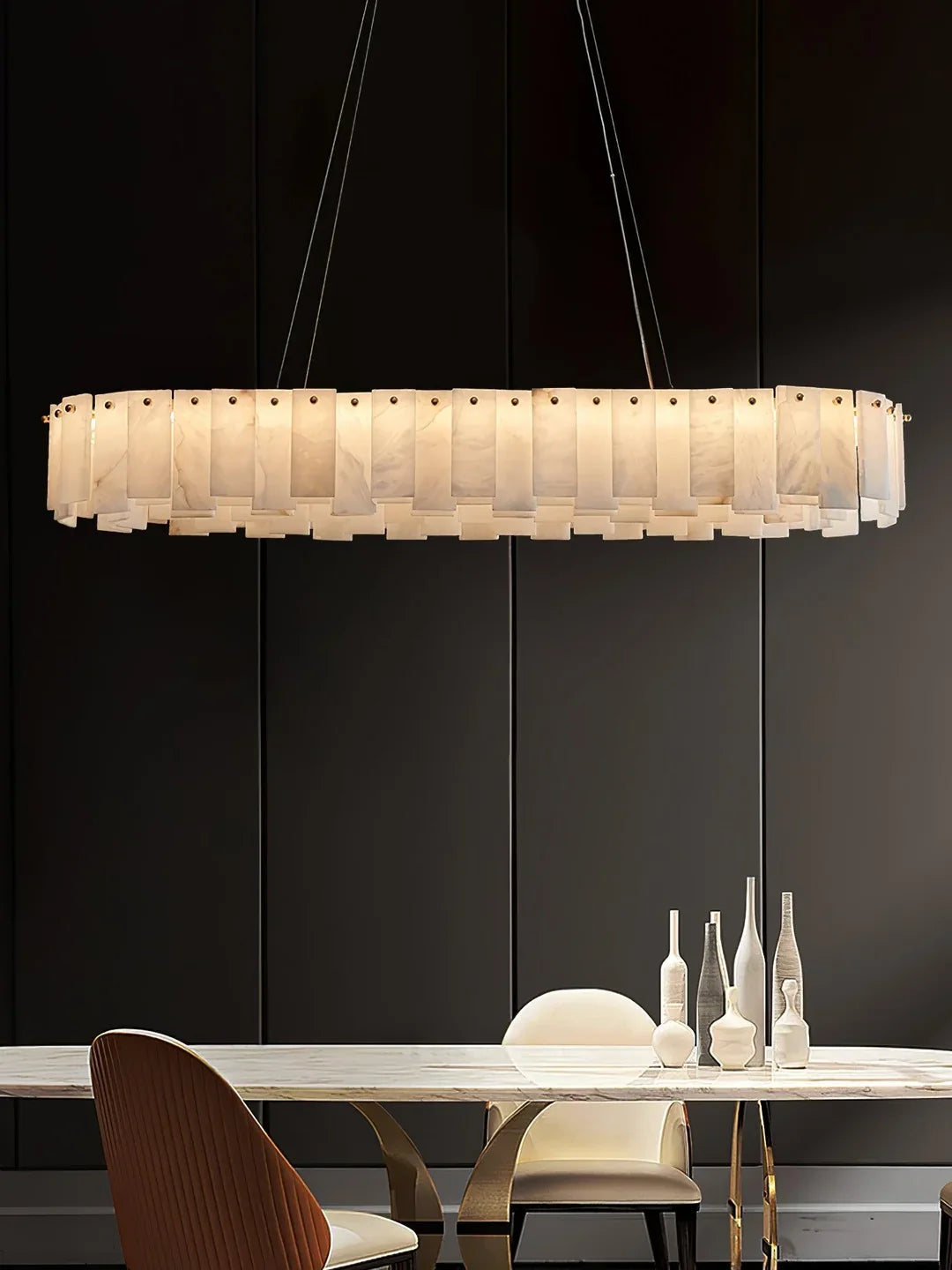 Oslo alabaster disc chandelier with centered oval ring of translucent alabaster shade panels