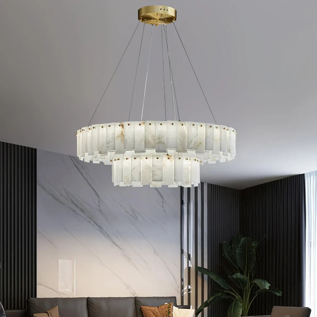 Oslo alabaster disc chandelier with gold canopy and hanging rectangular alabaster shades